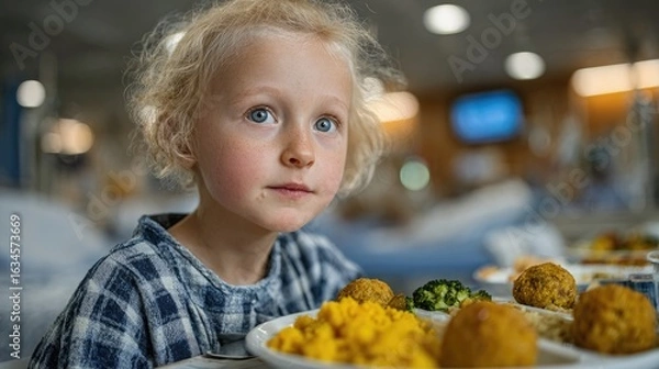 Fototapeta A thoughtful child gazes at a plate of nutritious food in a hospital setting, reflecting the importance of health and nutrition for young patients.