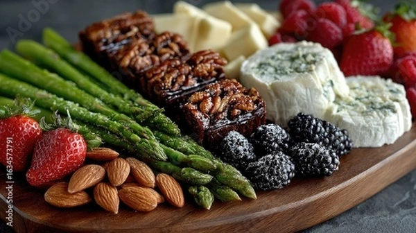 Fototapeta A vibrant and colorful display of fresh fruits, nuts, and cheeses arranged on a wooden platter, perfect for a delightful snack or appetizer.