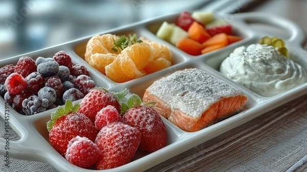 Fototapeta A vibrant and healthy platter featuring an assortment of fresh berries, citrus fruits, vegetables, and a creamy yogurt dip, perfect for nutritious snacking.