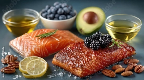 Fototapeta A vibrant arrangement of fresh salmon fillets, avocados, and blueberries, ideal for healthy eating and culinary visuals. Perfect for food enthusiasts.