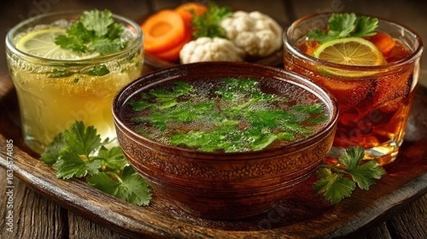 Fototapeta A vibrant assortment of delicious drinks served in glasses, featuring herbs and vegetables, perfect for a refreshing experience.