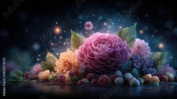 Fototapeta A vibrant composition of colorful flowers, depicting nature's beauty. The scene is illuminated with a magical glow, capturing a serene and enchanting atmosphere.