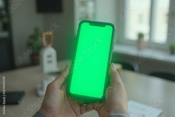 Fototapeta Person Holding Smartphone with Green Screen for App or Website Mockup