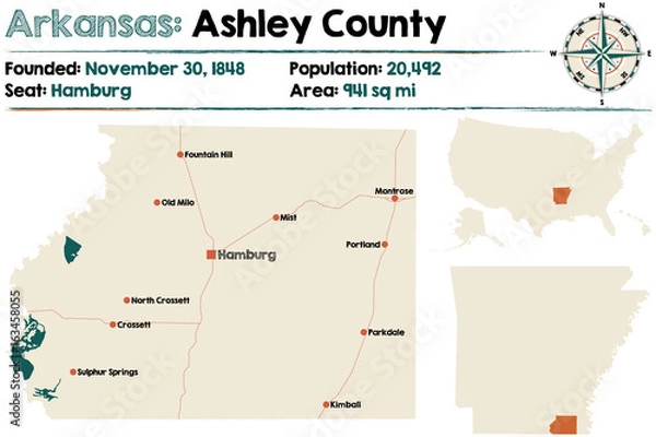 Fototapeta Large and detailed map of Ashley county in Arkansas