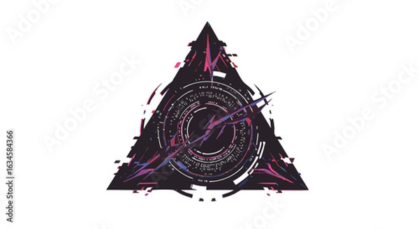 Fototapeta Futuristic Triangular Vector Illustration with Digital Clock and Circuit Elements in Modern Abstract Style with Neon Pink Blue and Black Colors