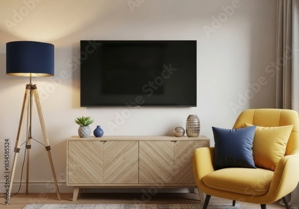 Fototapeta Modern living room setup featuring a large flatscreen tv mounted above a wooden media cabinet, complemented by a stylish armchair with yellow and blue cushions and a tripod lamp
