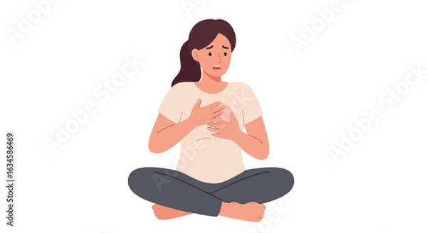 Fototapeta Minimalist Vector Illustration of Woman Sitting Cross Legged with Hand on Chest in Distress in Soft Neutral Colors in Modern Style