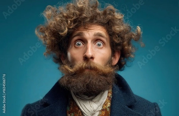 Fototapeta A humorous man with curly hair and a beard shows a shocked expression, vintage style, set against a blue background.