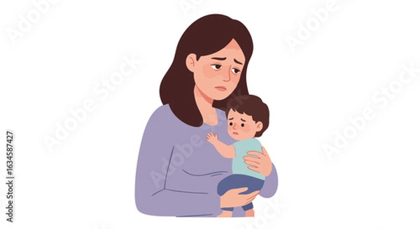 Fototapeta Minimalist Vector Illustration of Sad Mother Holding Child in Soft Colors for Emotional and Parenting Themes