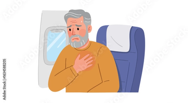 Fototapeta Vector Illustration of a Man with Chest Pain in Modern Style Featuring Simplified Human Figure with Gray Hair and Beard Wearing Brown Sweater Sitting in Airplane Seat