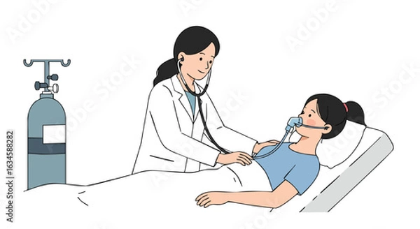 Fototapeta Vector Illustration of Medical Professional Caring for Patient in Hospital Bed in Modern Minimalist Style with Blue and White Colors