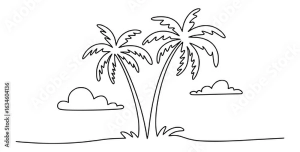 Fototapeta Two palm trees and clouds line drawing tropical nature