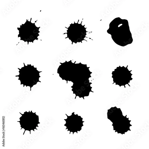 Fototapeta Set of Isolated black spots of ink. Blot print, ink splash on white background.