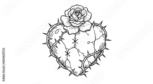 Obraz Vector Illustration of Heart-Shaped Cactus with Rose in Modern Line Art Style Featuring Spiky Green Elements and Blooming Rose for Botanical and Tattoo Design