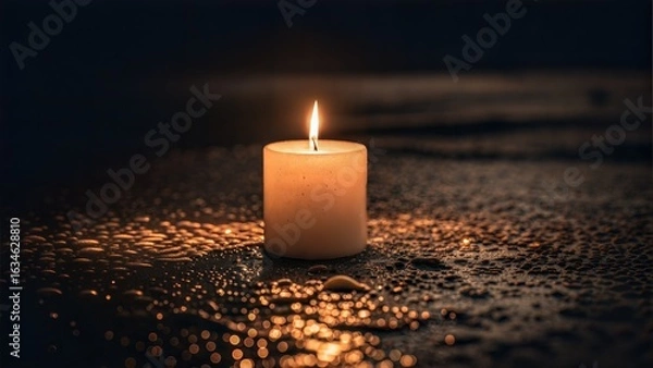 Fototapeta Single Candle with Soft Flame on Dark Background
