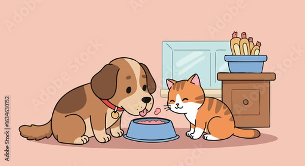 Fototapeta Vector Illustration of Dog and Cat in Cute Cartoon Style with Warm Colors for Pet Animal Design