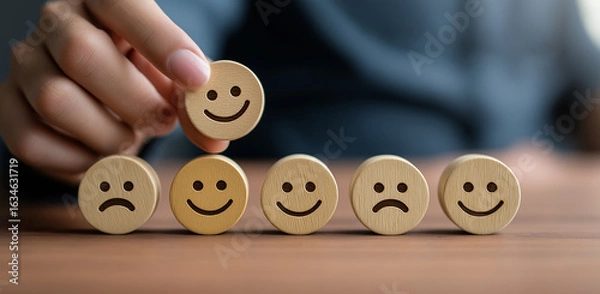 Fototapeta A person is sitting at a table, holding five wooden circles with smiley face emoticons in front of them and placing one on top to fill it u