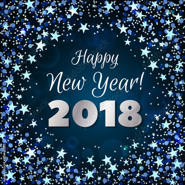 Fototapeta Happy New Year 2018 greeting card. Festive illustration with colorful confetti, party popper and sparkles. Vector