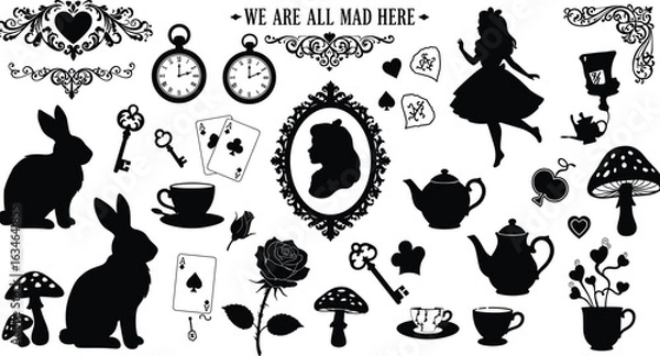 Obraz Alice in Wonderland silhouette icons, tea party, rabbit, clock, playing cards, mushrooms, keys, fantasy elements on white background vector