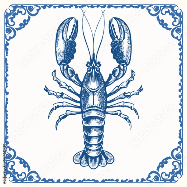 Fototapeta Detailed blue ink drawing of a lobster on a decorative square tile with ornate border.