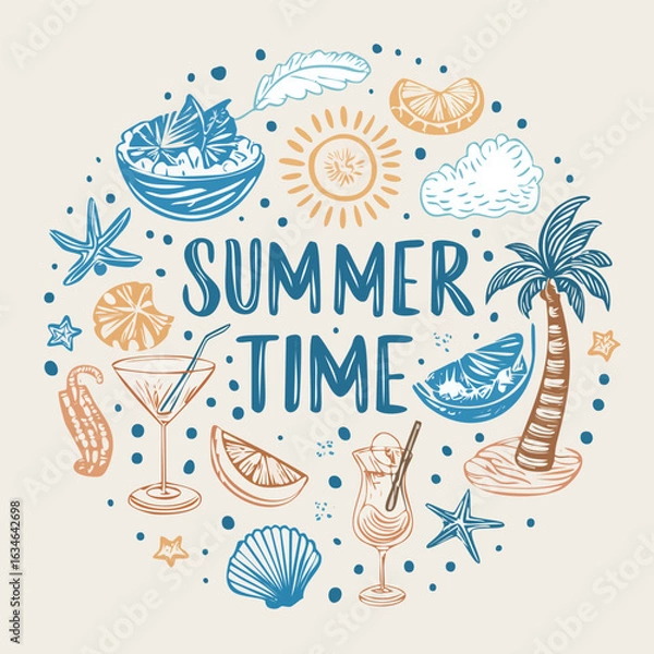 Fototapeta A detailed illustration of a summer-themed design featuring beach elements and refreshing drinks.
