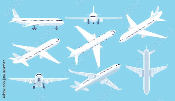 Fototapeta Airplanes. Aircraft plane flight. Planes in different positions, in top view, front and side views, in various angles. Aviation, cargo service, passenger transportation. Vector set