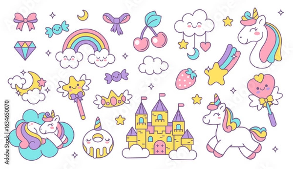 Fototapeta Cute unicorns elements. Kids little horse with wings. Child funny unicorn, rainbow, magic castle, clouds, stars. Fairy tale fantasy stickers for cards, invitations, posters. Vector set