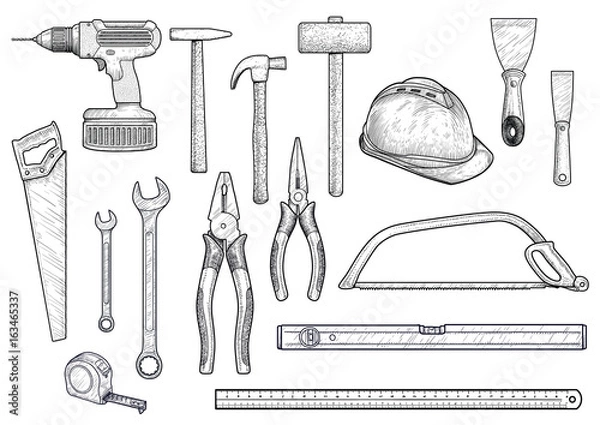 Fototapeta Collection, building, repair, tools illustration, drawing, engraving, line art, vector