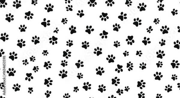 Obraz Seamless paw print pattern, black dog and cat footprints background, cute pet animal trail design, vector illustration, isolated backdrop
