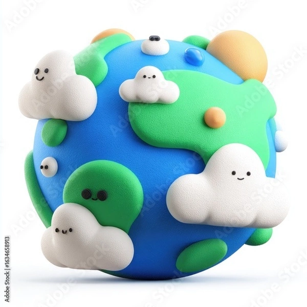 Fototapeta A cheerful 3D rendering of a playful Earth with cute clouds