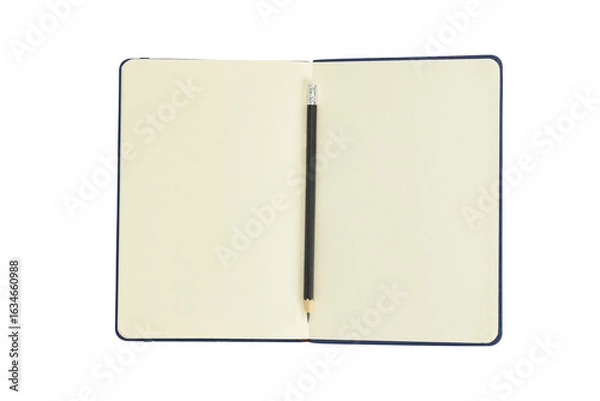 Fototapeta Open notebook with blank pages for writing and a pencil, isolated on white background with clipping path.