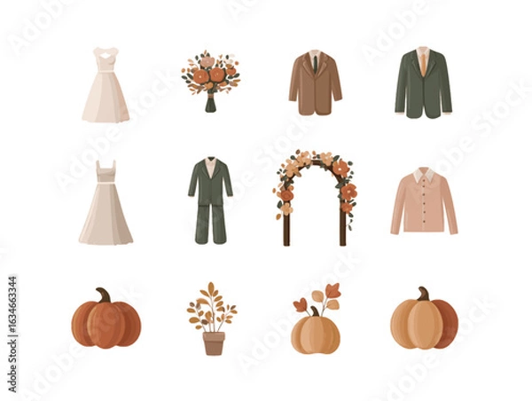 Obraz Rustic Fall Wedding Icons – Flat Vector Collection