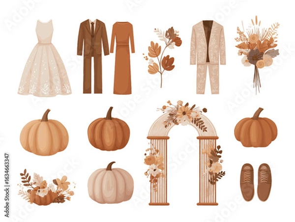 Obraz Rustic Fall Wedding Icons – Flat Vector Collection