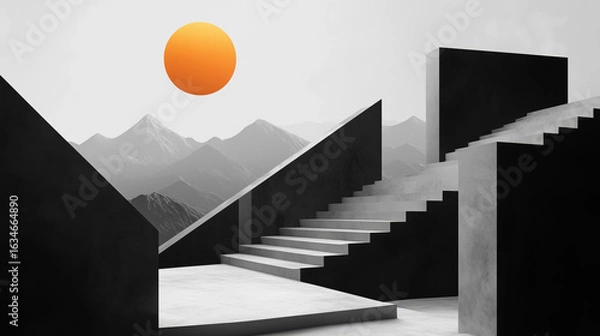 Fototapeta A minimalist black and white scene with geometric shapes, featuring an orange sun above the mountains in the background.