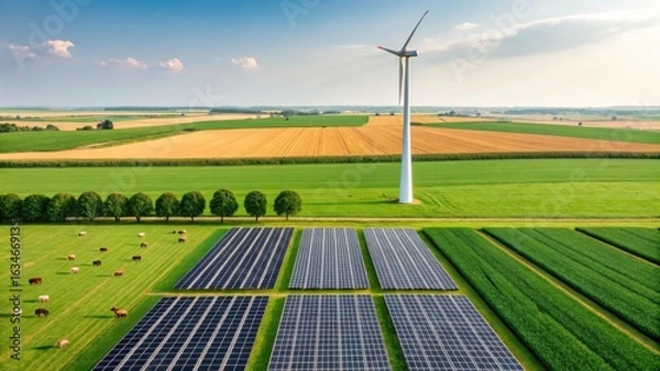 Fototapeta A picturesque landscape featuring solar panels and a wind turbine amidst green fields, showcasing renewable energy in agriculture.