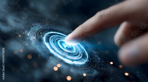 Fototapeta Luminous Blue AI Button Activated by a Finger on a Futuristic Interface.