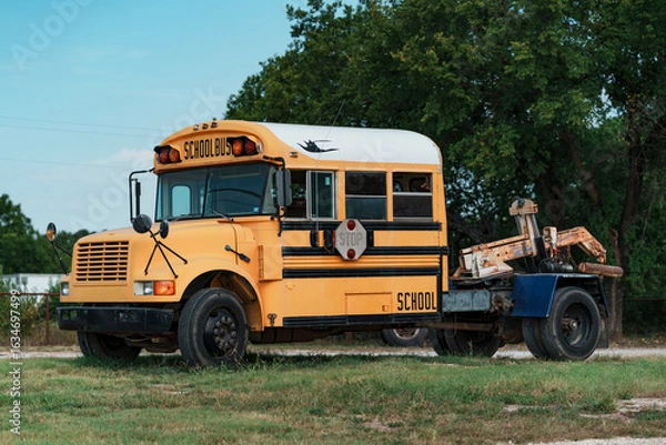 Obraz Yellow school bus modified to be a tow truck in a small town in Texas, USA