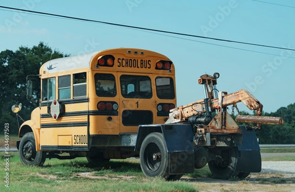 Obraz Yellow school bus modified to be a tow truck in a small town in Texas, USA
