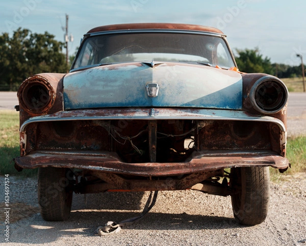Obraz Front of a very rusty 1950's car with parts removed in a small town in Texas