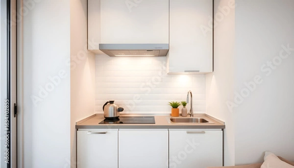 Fototapeta A compact, smartly designed minimalist kitchen corner in a studio apartment.