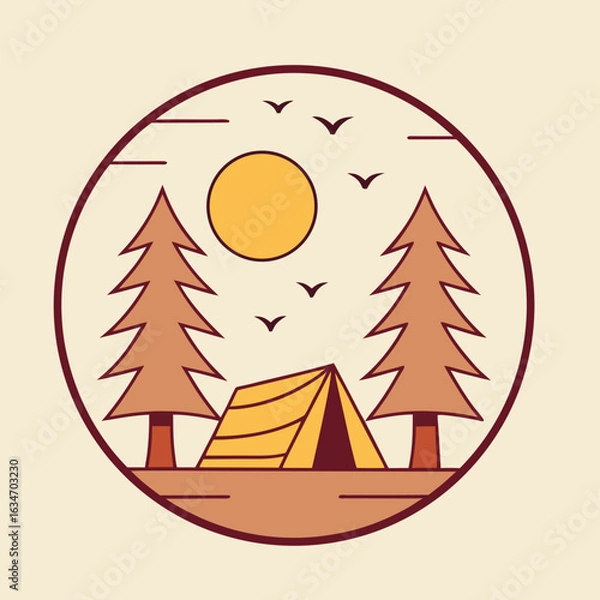 Obraz Peaceful Mountain Campsite at Dawn Flat Vector Illustration with Tent, Campfire, and Rising Sun
