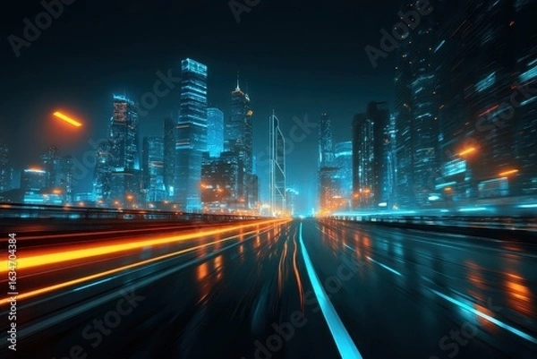 Fototapeta Neon city highway illuminates a futuristic skyline with glowing skyscrapers and dynamic traffic at night in a vibrant urban landscape