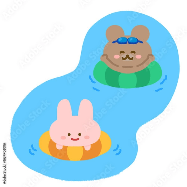 Obraz 海やプールで泳ぐウサギとクマ