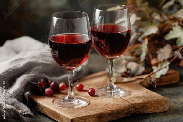 Obraz Elegant glasses of red wine on a rustic wooden table complemented by grapes and greenery in a cozy setting
