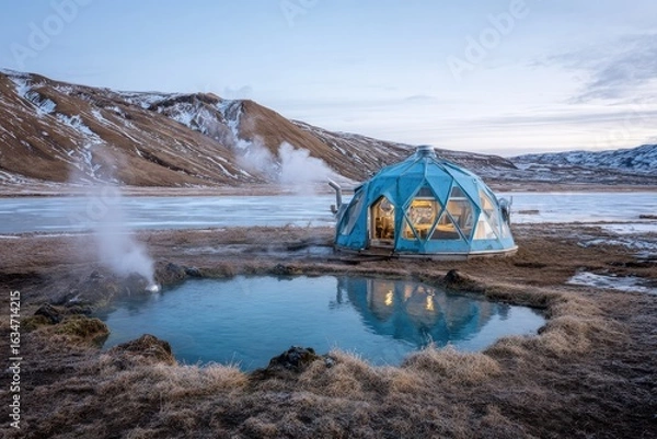 Obraz Dome-shaped cabin by a glacial hot spring