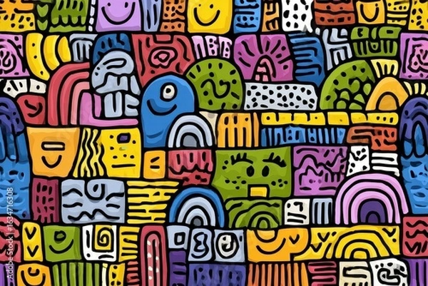 Fototapeta Colorful cartoon doodles create a vibrant horizontal stripe pattern featuring abstract shapes and playful designs that capture a cheerful artistic style