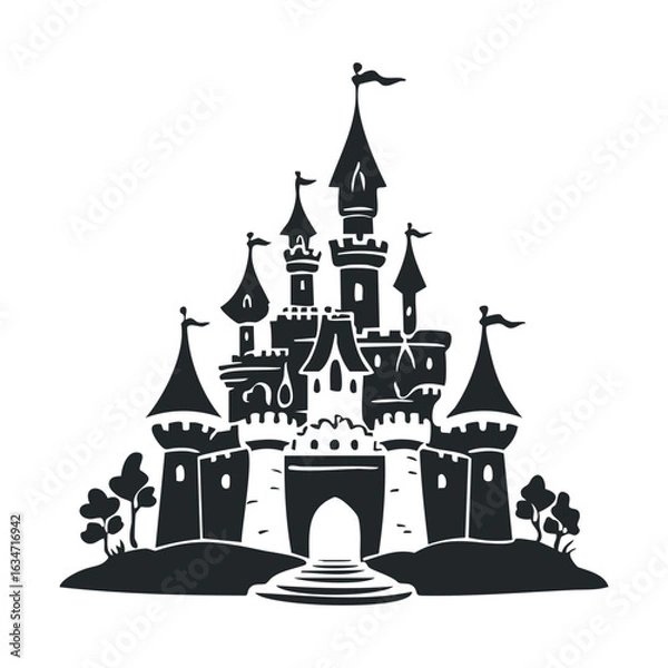 Obraz Fantasy castle silhouette with towers and flags on white background