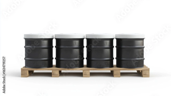 Fototapeta a black metal drum barrels with white lids sitting on a wooden pallet, isolated white background. 3d illustration.