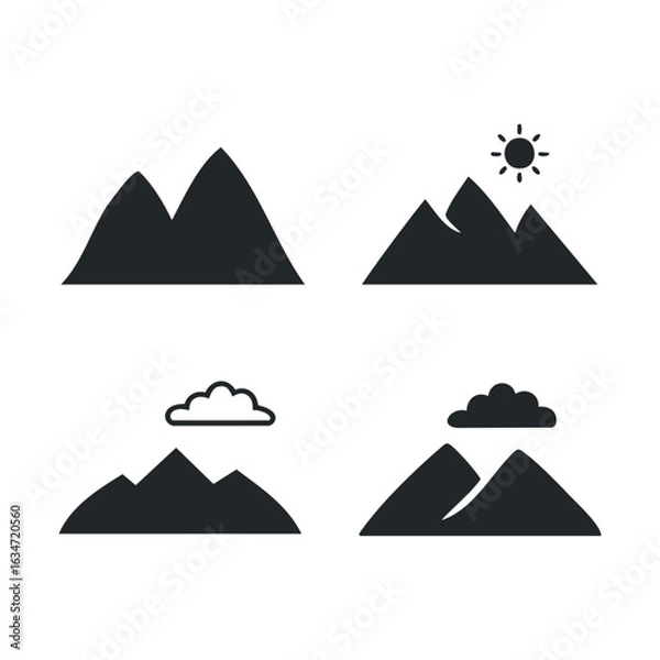 Obraz Mountain icons set with sun and clouds in minimalist design