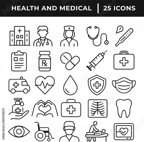 Obraz Health and medial related line art icon set collection vector illustration